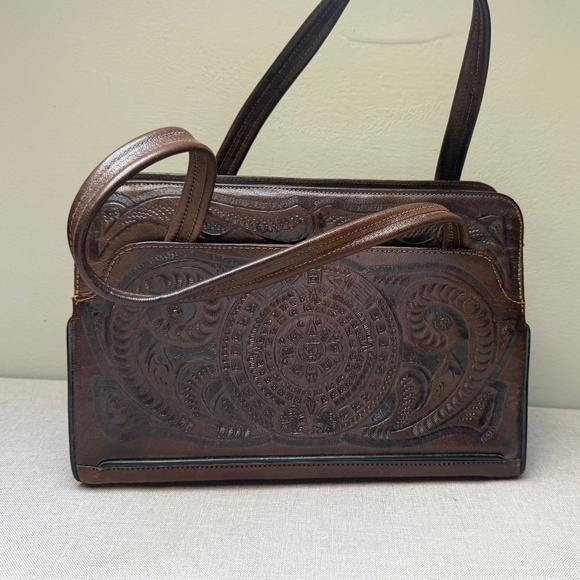 Handbags - Vintage Mexican Tooled Leather Purse Mayan Calendar and Flowers